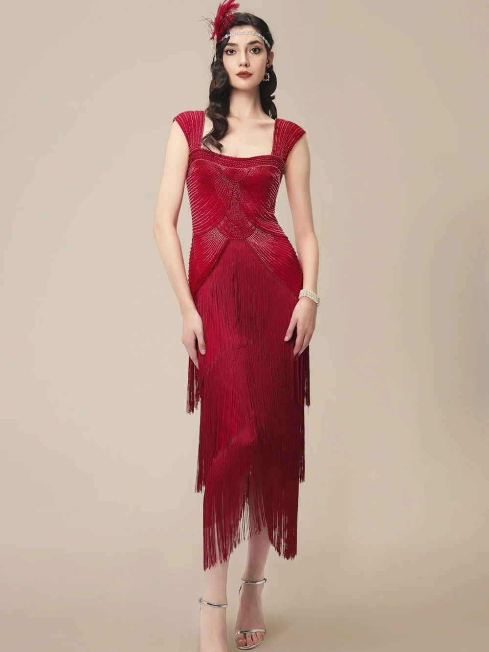 Red Fringe Maxi Dress with Vintage-Inspired Silhouette